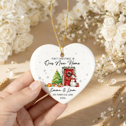 Personalized First Christmas In Our New Home Ceramic Ornament – Custom Family Name Gift