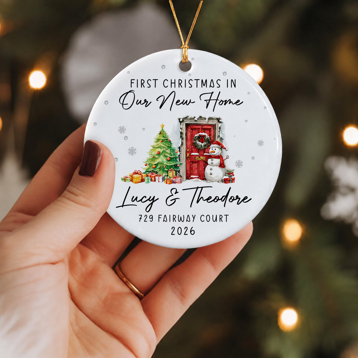 Personalized First Christmas In Our New Home Ceramic Ornament – Custom Family Name Gift
