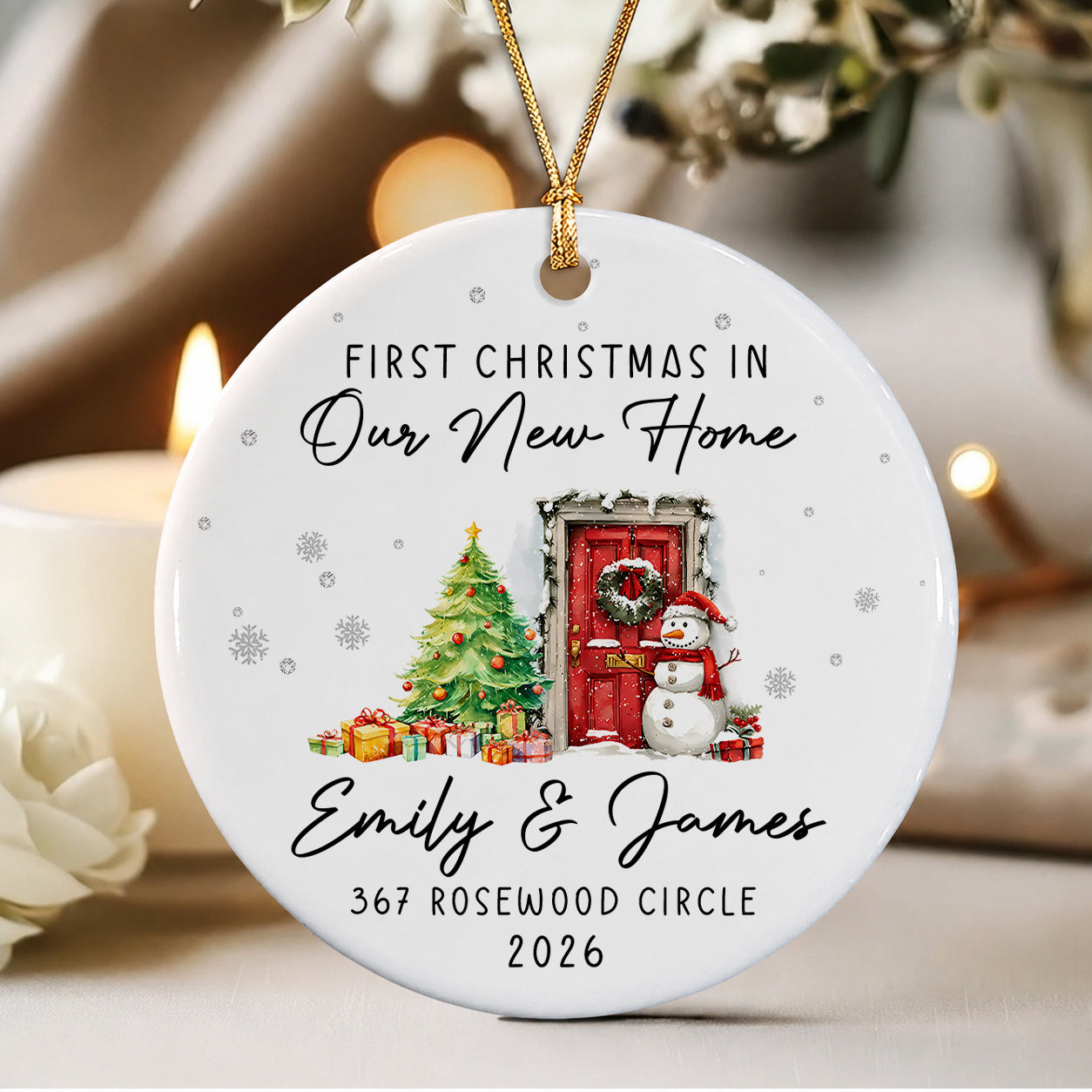 Personalized First Christmas In Our New Home Ceramic Ornament – Custom Family Name Gift