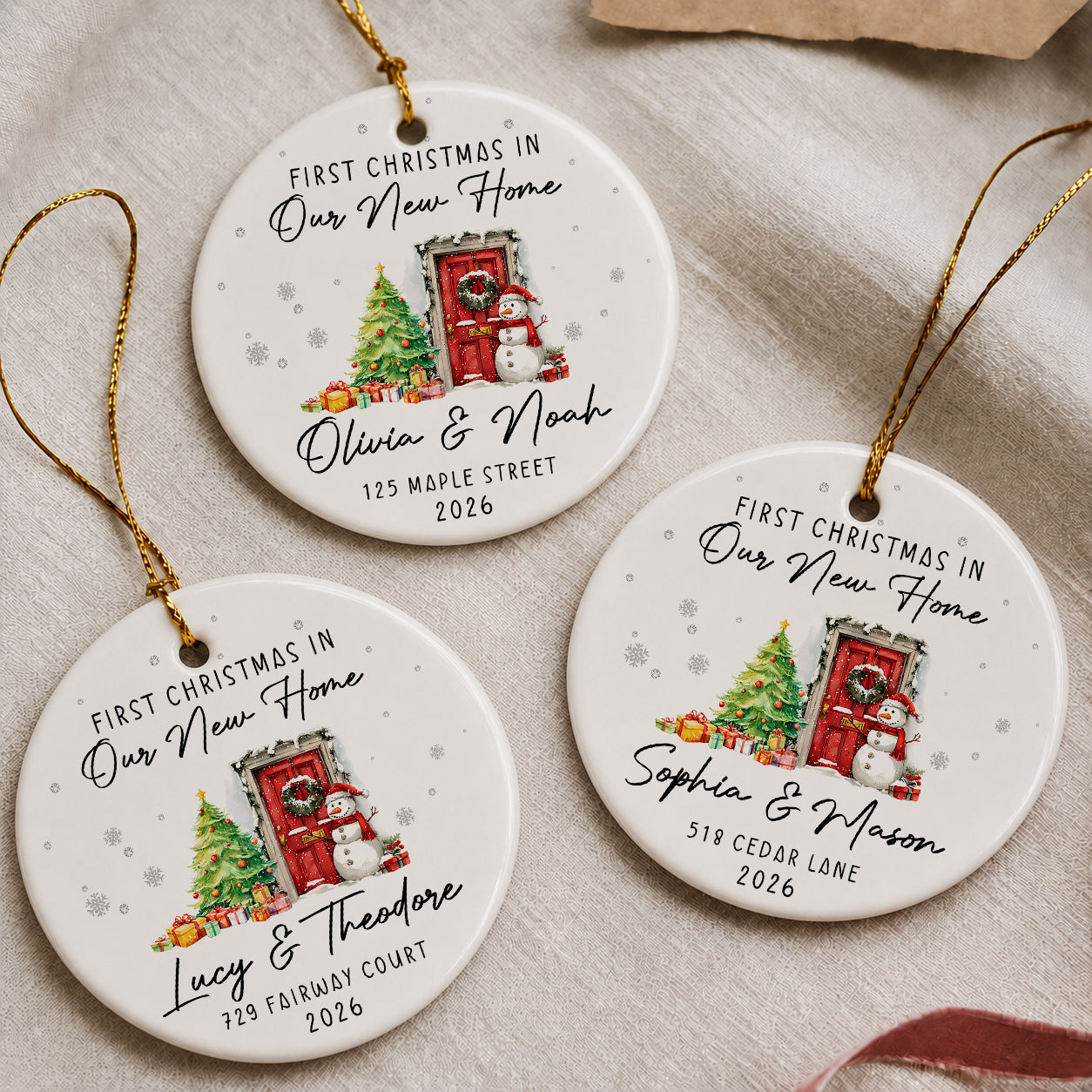 Personalized First Christmas In Our New Home Ceramic Ornament – Custom Family Name Gift