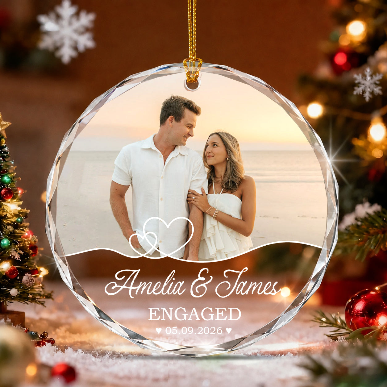 Personalized First Christmas Engaged Glass Ornament – Custom Photo Gift for Couples