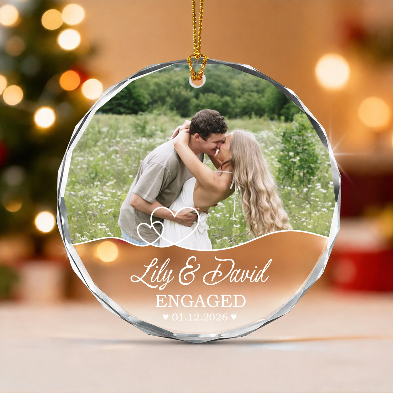 Personalized First Christmas Engaged Glass Ornament – Custom Photo Gift for Couples