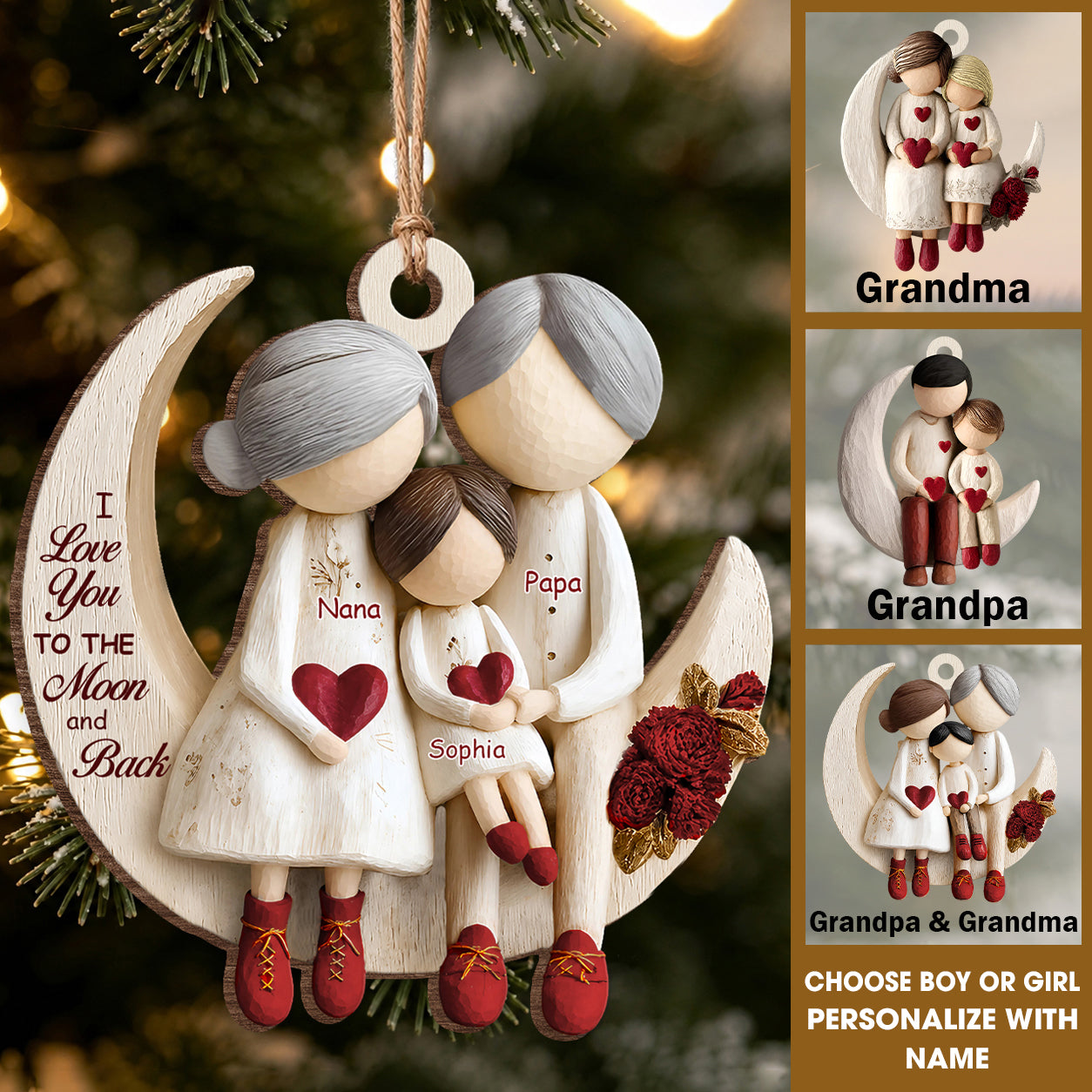 Personalized Grandparents & Grandchild Wood Ornament – Family Christmas Keepsake Gift
