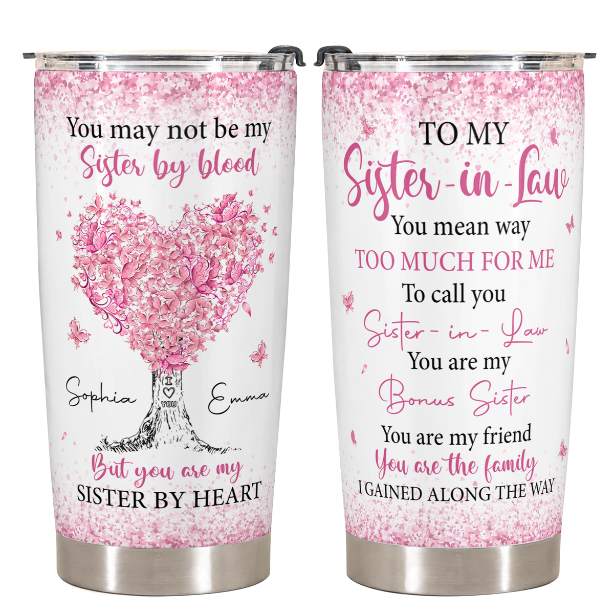 Personalized To My Sister-in-law  20oz Premium Stainless Steel Tumbler – Pink Heart Tree Custom Names Gift For Sister