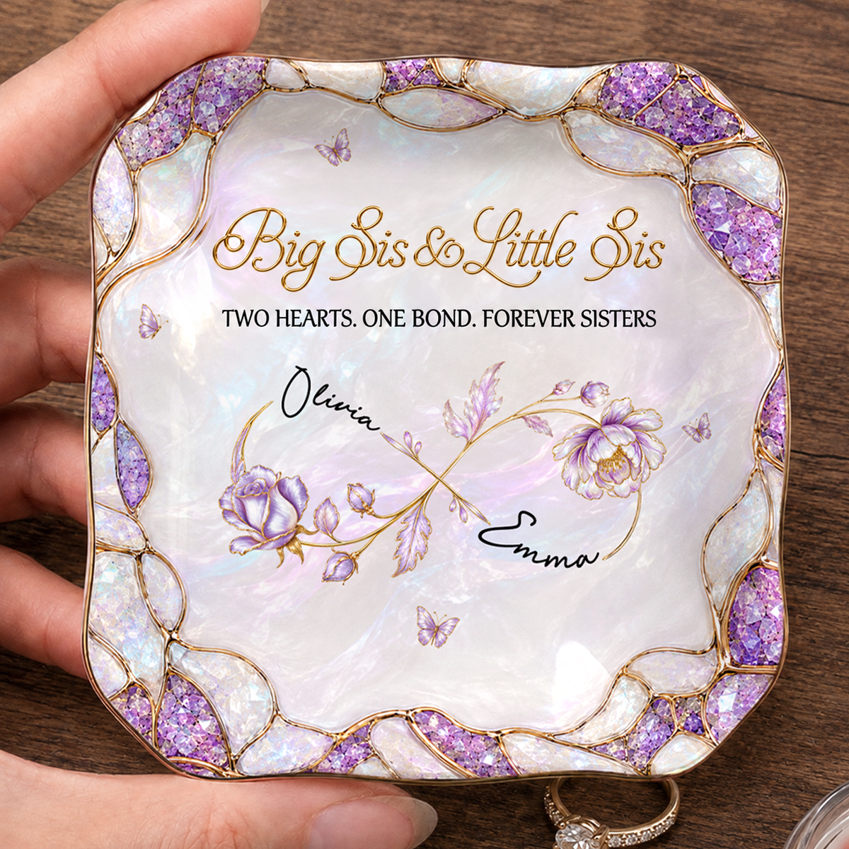 Personalized Big Sis & Little Sis Ceramic Jewelry Dish – Purple Amethyst Pearl Infinity Bloom Two Hearts One Bond Forever Sisters Custom Names Gift For Sister