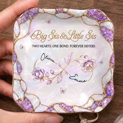 Personalized Big Sis & Little Sis Ceramic Jewelry Dish – Purple Amethyst Pearl Infinity Bloom Two Hearts One Bond Forever Sisters Custom Names Gift For Sister