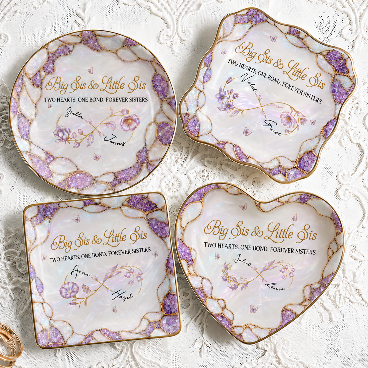 Personalized Big Sis & Little Sis Ceramic Jewelry Dish – Purple Amethyst Pearl Infinity Bloom Two Hearts One Bond Forever Sisters Custom Names Gift For Sister