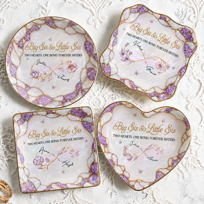 Personalized Big Sis & Little Sis Ceramic Jewelry Dish – Purple Amethyst Pearl Infinity Bloom Two Hearts One Bond Forever Sisters Custom Names Gift For Sister