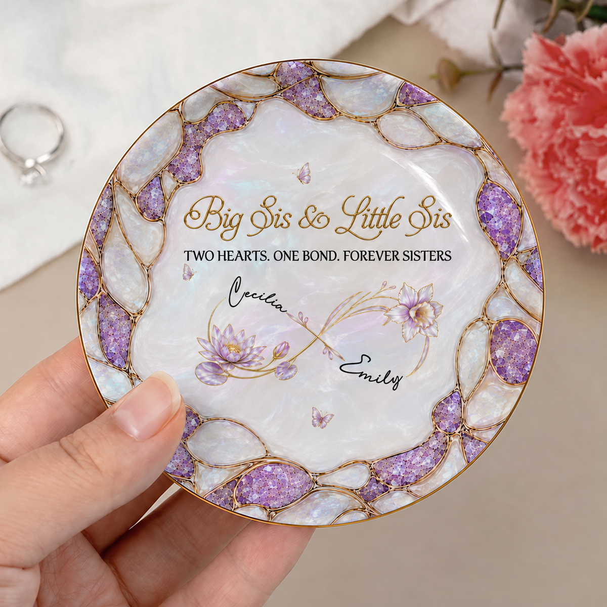 Personalized Big Sis & Little Sis Ceramic Jewelry Dish – Purple Amethyst Pearl Infinity Bloom Two Hearts One Bond Forever Sisters Custom Names Gift For Sister