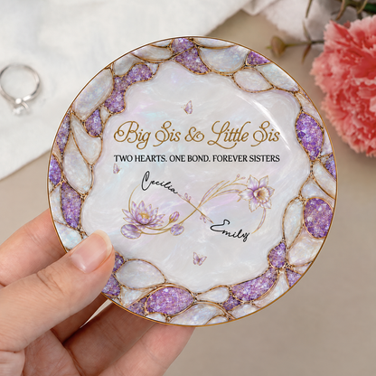 Personalized Big Sis & Little Sis Ceramic Jewelry Dish – Purple Amethyst Pearl Infinity Bloom Two Hearts One Bond Forever Sisters Custom Names Gift For Sister