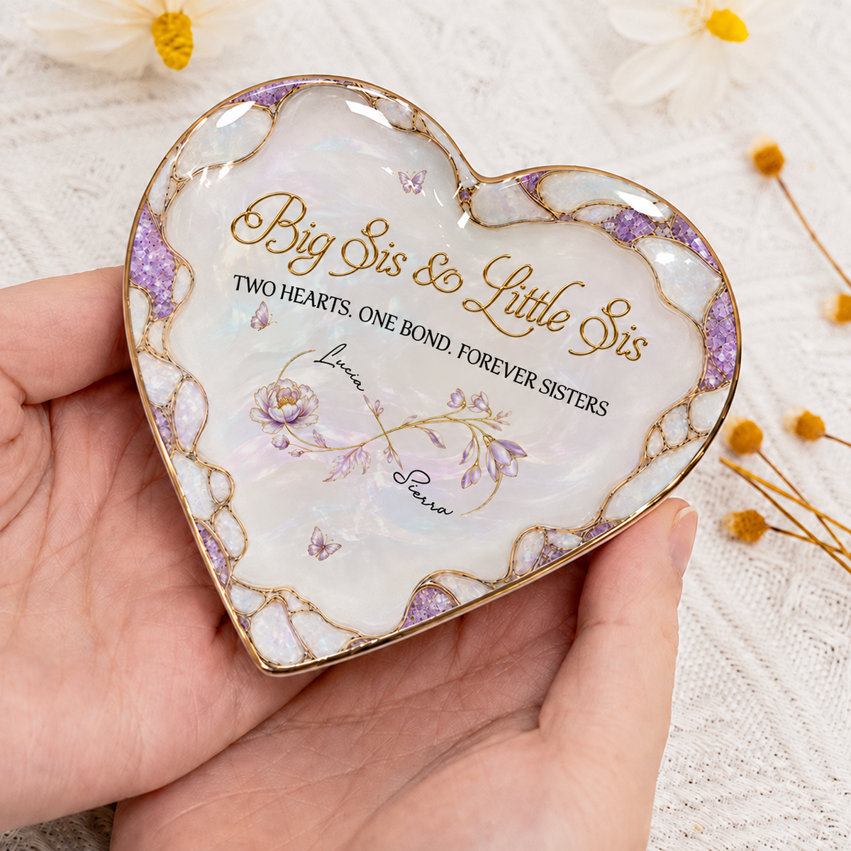 Personalized Big Sis & Little Sis Ceramic Jewelry Dish – Purple Amethyst Pearl Infinity Bloom Two Hearts One Bond Forever Sisters Custom Names Gift For Sister
