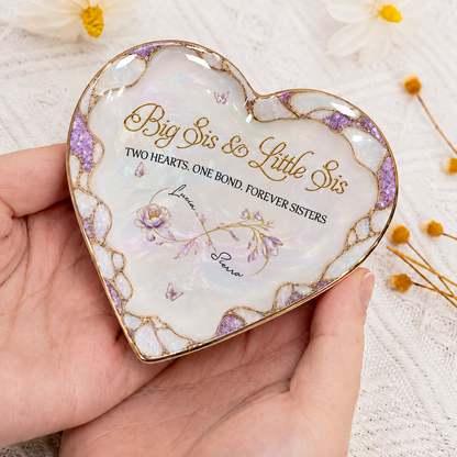 Personalized Big Sis & Little Sis Ceramic Jewelry Dish – Purple Amethyst Pearl Infinity Bloom Two Hearts One Bond Forever Sisters Custom Names Gift For Sister