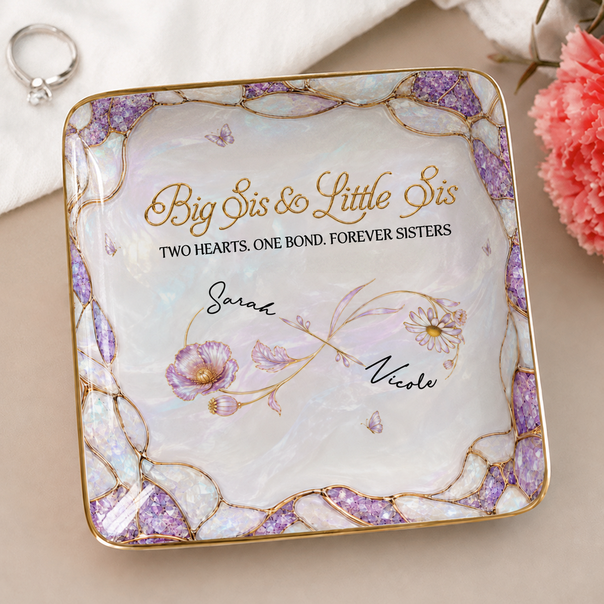 Personalized Big Sis & Little Sis Ceramic Jewelry Dish – Purple Amethyst Pearl Infinity Bloom Two Hearts One Bond Forever Sisters Custom Names Gift For Sister