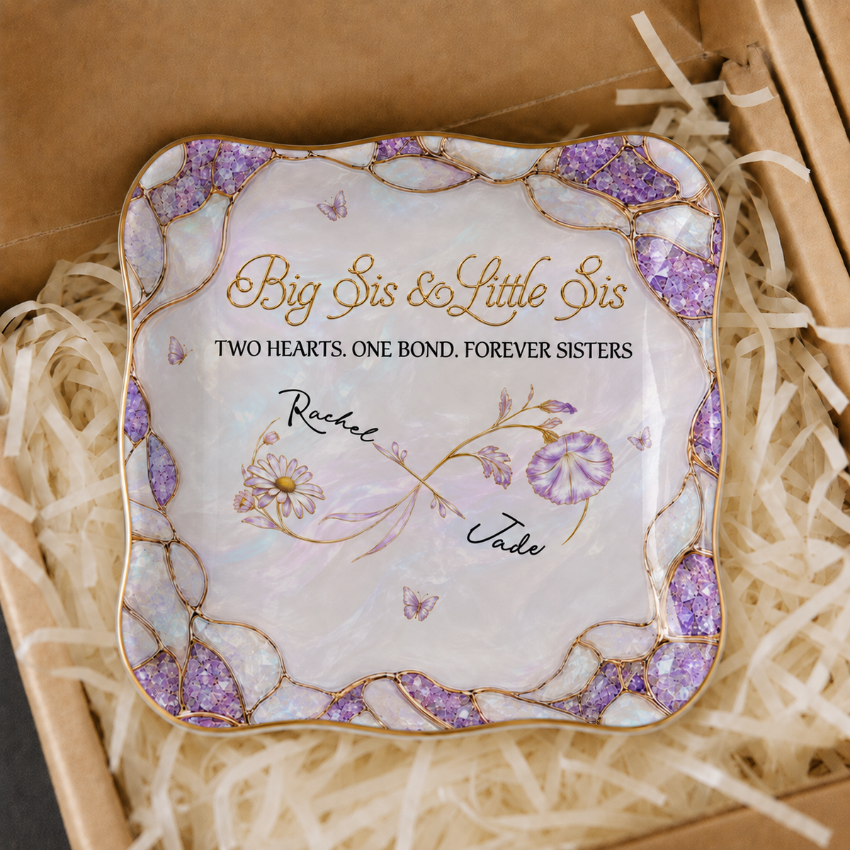 Personalized Big Sis & Little Sis Ceramic Jewelry Dish – Purple Amethyst Pearl Infinity Bloom Two Hearts One Bond Forever Sisters Custom Names Gift For Sister