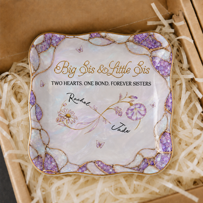 Personalized Big Sis & Little Sis Ceramic Jewelry Dish – Purple Amethyst Pearl Infinity Bloom Two Hearts One Bond Forever Sisters Custom Names Gift For Sister