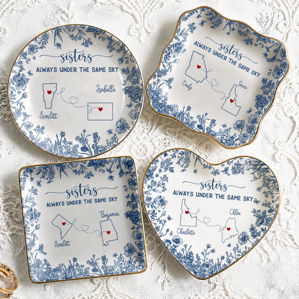 Personalized Sisters Ceramic Jewelry Dish, Custom Name Long Distance Gift For Sisters