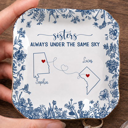 Personalized Sisters Ceramic Jewelry Dish, Custom Name Long Distance Gift For Sisters