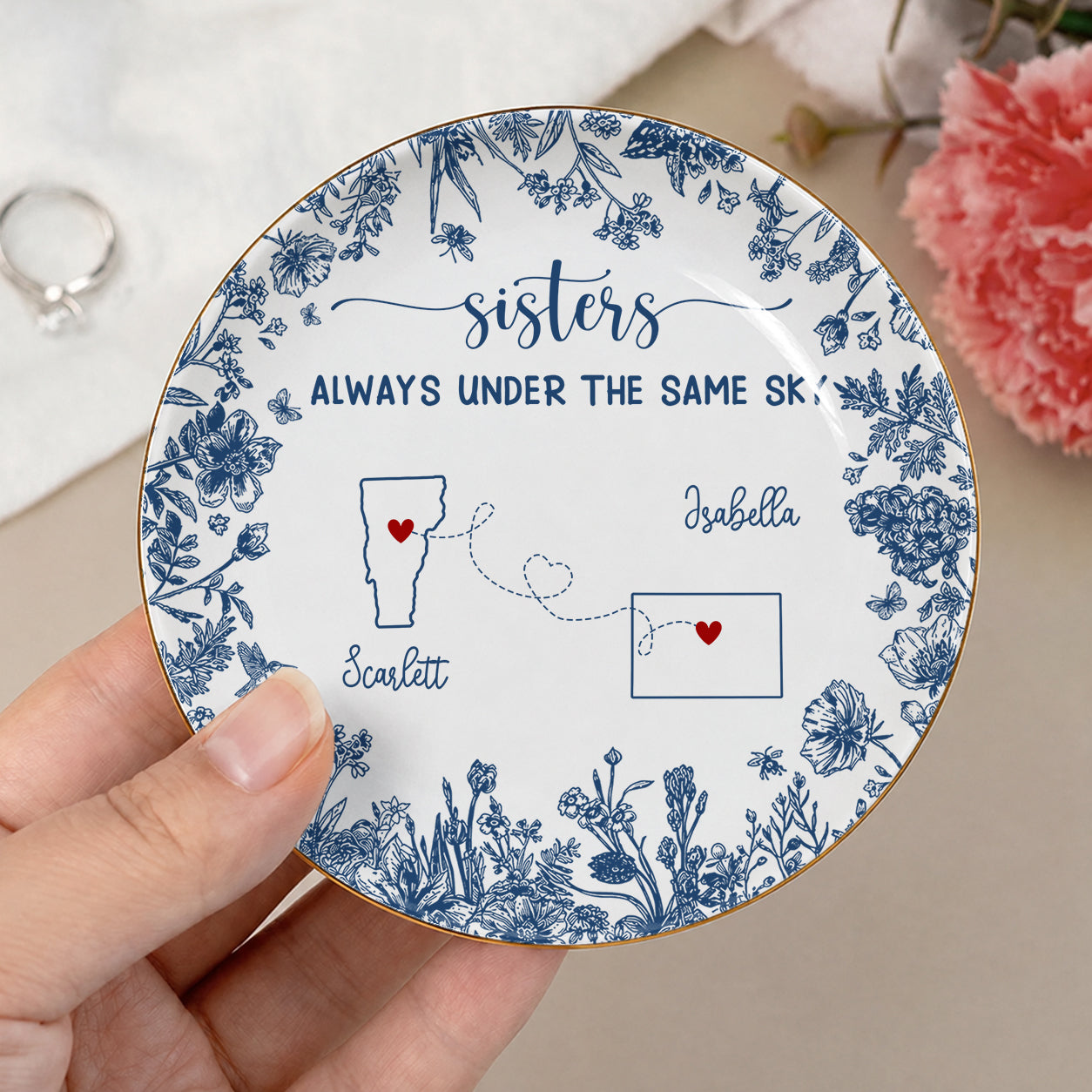 Personalized Sisters Ceramic Jewelry Dish – Long Distance Sister Gift