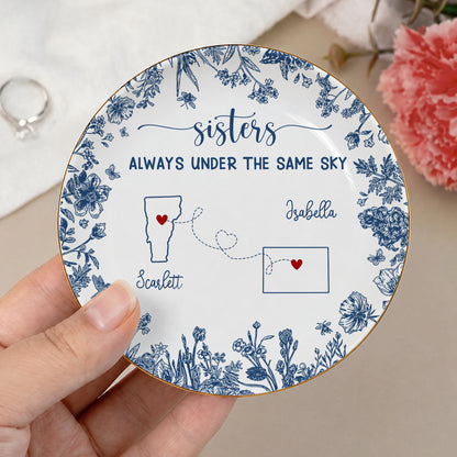 Personalized Sisters Ceramic Jewelry Dish, Custom Name Long Distance Gift For Sisters