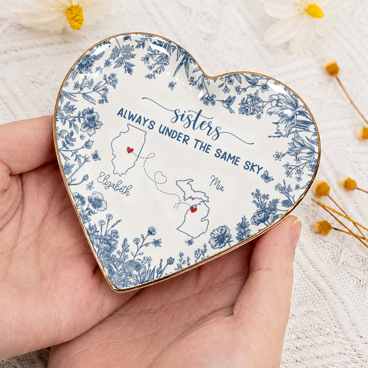 Personalized Sisters Ceramic Jewelry Dish, Custom Name Long Distance Gift For Sisters