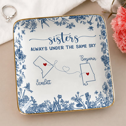 Personalized Sisters Ceramic Jewelry Dish, Custom Name Long Distance Gift For Sisters