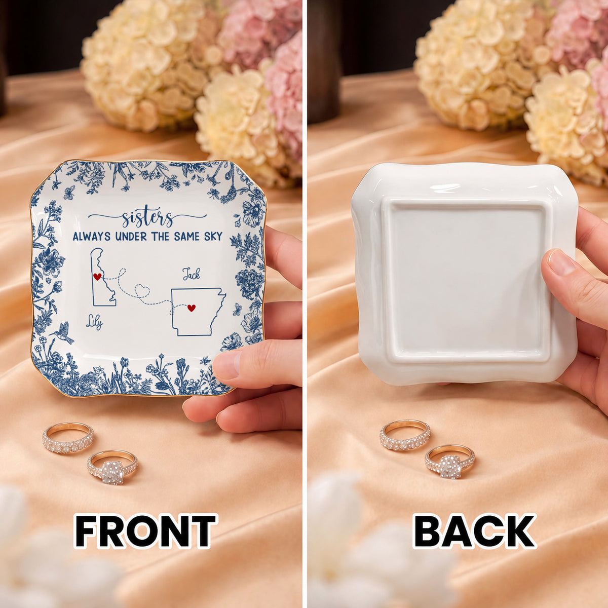 Personalized Sisters Ceramic Jewelry Dish, Custom Name Long Distance Gift For Sisters