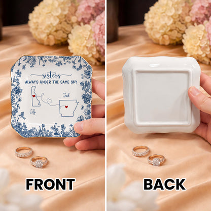 Personalized Sisters Ceramic Jewelry Dish, Custom Name Long Distance Gift For Sisters