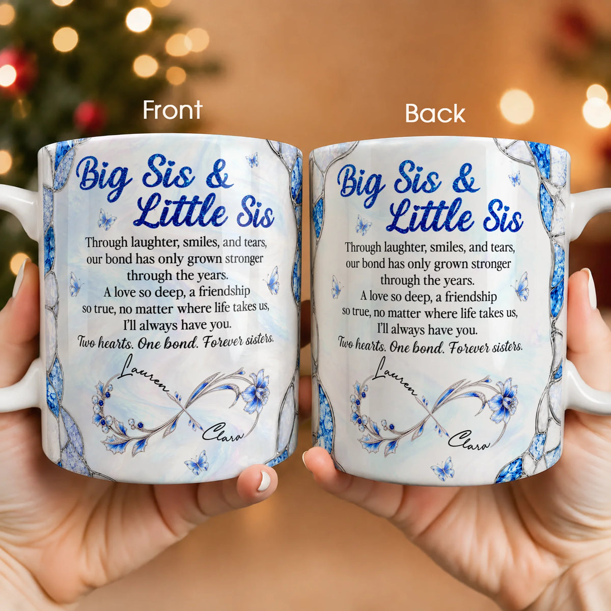Mug en céramique personnalisé Grande Sœur & Petite Sœur – Papillon bijou saphir bleu, à travers les rires et les sourires, deux cœurs, un lien, prénoms personnalisés, cadeau pour sœur