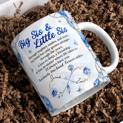 Mug en céramique personnalisé Grande Sœur & Petite Sœur – Papillon bijou saphir bleu, à travers les rires et les sourires, deux cœurs, un lien, prénoms personnalisés, cadeau pour sœur