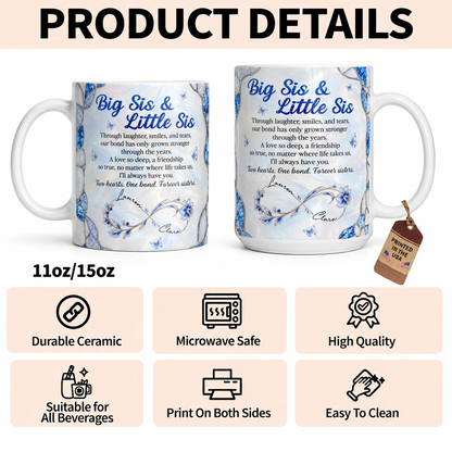 Mug en céramique personnalisé Grande Sœur & Petite Sœur – Papillon bijou saphir bleu, à travers les rires et les sourires, deux cœurs, un lien, prénoms personnalisés, cadeau pour sœur