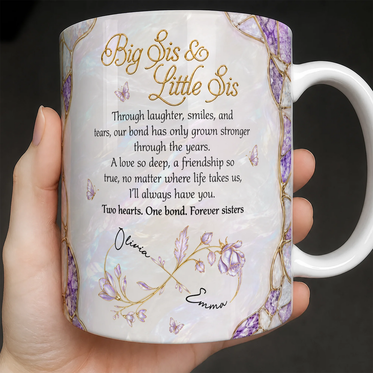 Personalized Big Sis & Little Sis Ceramic Mug – Purple Amethyst Butterfly Bluebell Through Laughter Smiles Two Hearts One Bond Custom Names Gift For Sister