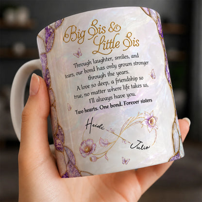 Personalized Big Sis & Little Sis Ceramic Mug – Purple Amethyst Butterfly Bluebell Through Laughter Smiles Two Hearts One Bond Custom Names Gift For Sister