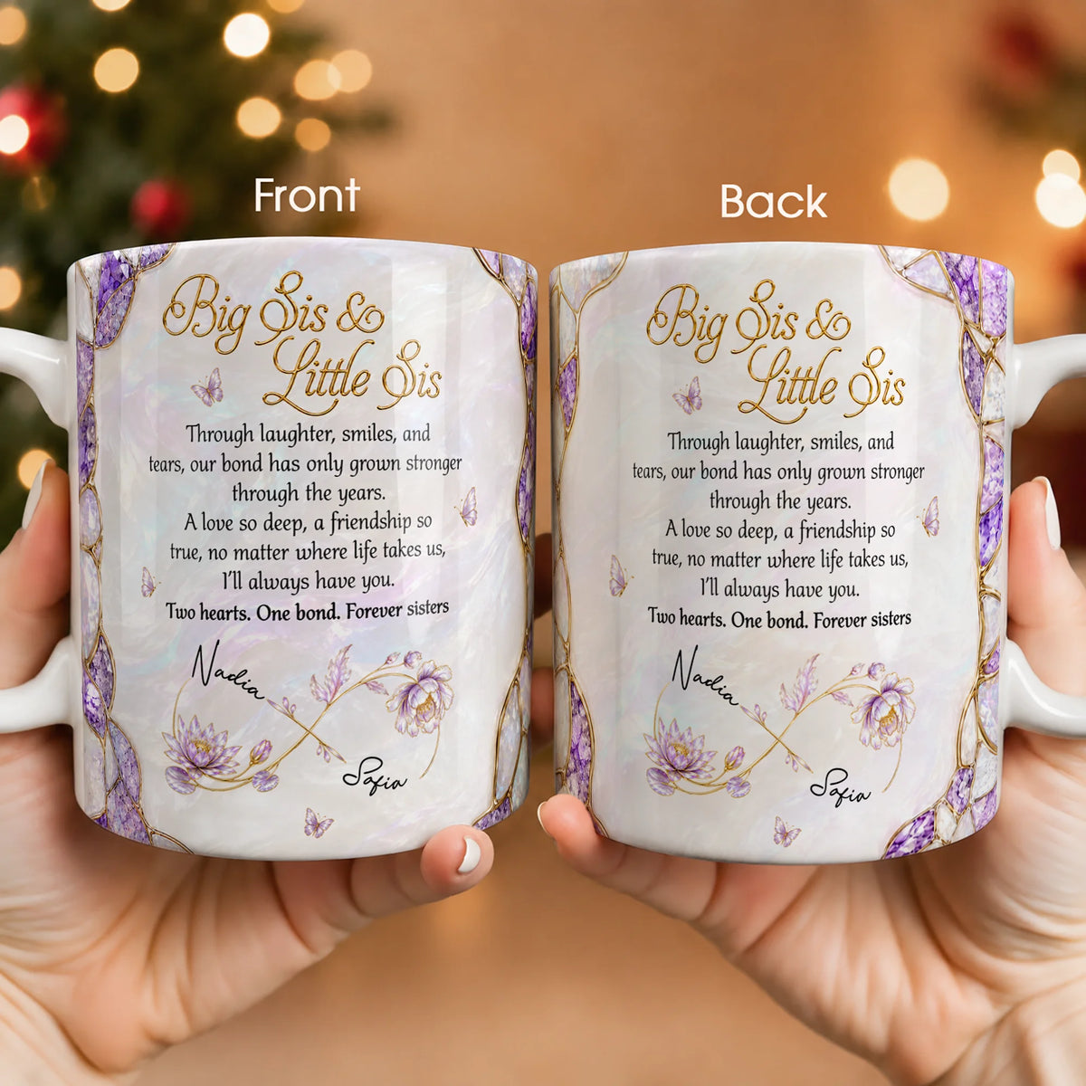 Personalized Big Sis & Little Sis Ceramic Mug – Purple Amethyst Butterfly Bluebell Through Laughter Smiles Two Hearts One Bond Custom Names Gift For Sister