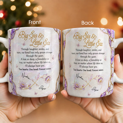 Personalized Big Sis & Little Sis Ceramic Mug – Purple Amethyst Butterfly Bluebell Through Laughter Smiles Two Hearts One Bond Custom Names Gift For Sister