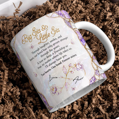 Personalized Big Sis & Little Sis Ceramic Mug – Purple Amethyst Butterfly Bluebell Through Laughter Smiles Two Hearts One Bond Custom Names Gift For Sister