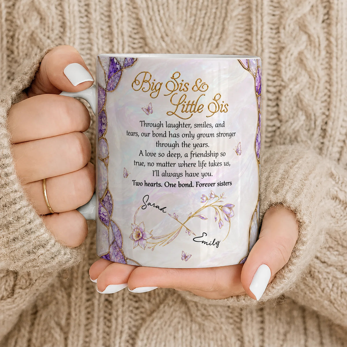 Personalized Big Sis & Little Sis Ceramic Mug – Purple Amethyst Butterfly Bluebell Through Laughter Smiles Two Hearts One Bond Custom Names Gift For Sister