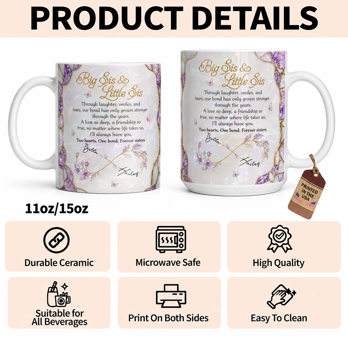Personalized Big Sis & Little Sis Ceramic Mug – Purple Amethyst Butterfly Bluebell Through Laughter Smiles Two Hearts One Bond Custom Names Gift For Sister