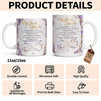 Personalized Big Sis & Little Sis Ceramic Mug – Purple Amethyst Butterfly Bluebell Through Laughter Smiles Two Hearts One Bond Custom Names Gift For Sister
