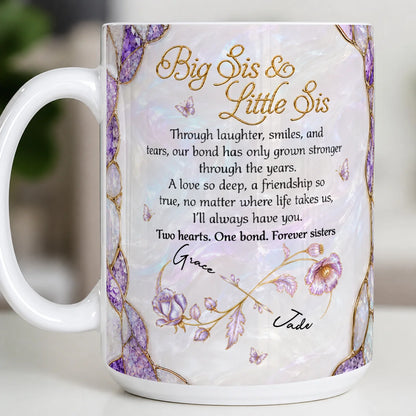 Personalized Big Sis & Little Sis Ceramic Mug – Purple Amethyst Butterfly Bluebell Through Laughter Smiles Two Hearts One Bond Custom Names Gift For Sister