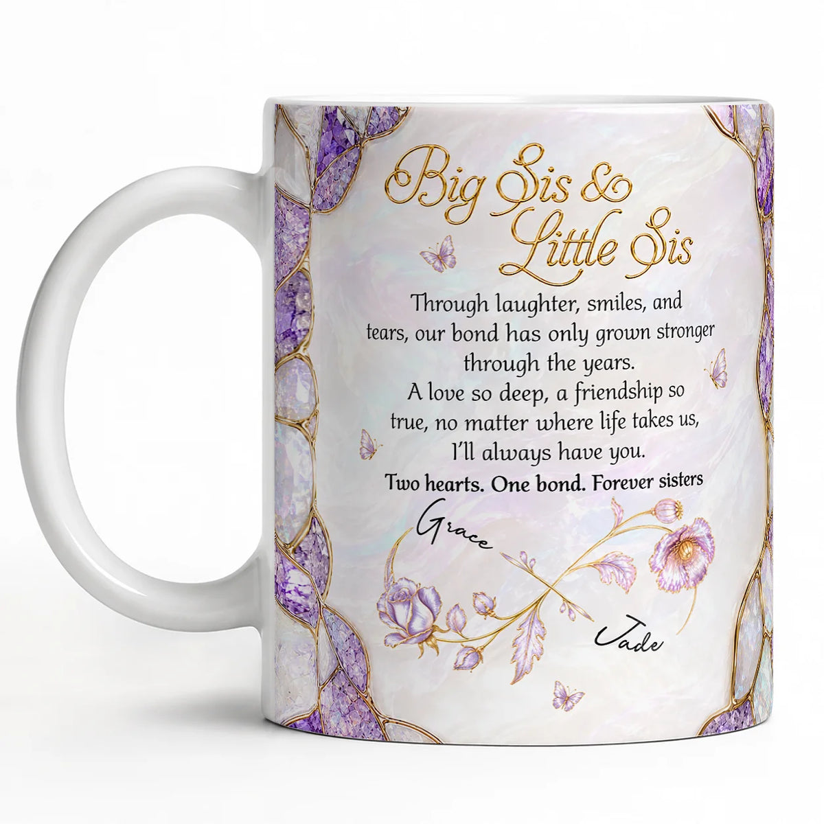 Personalized Big Sis & Little Sis Ceramic Mug – Purple Amethyst Butterfly Bluebell Through Laughter Smiles Two Hearts One Bond Custom Names Gift For Sister