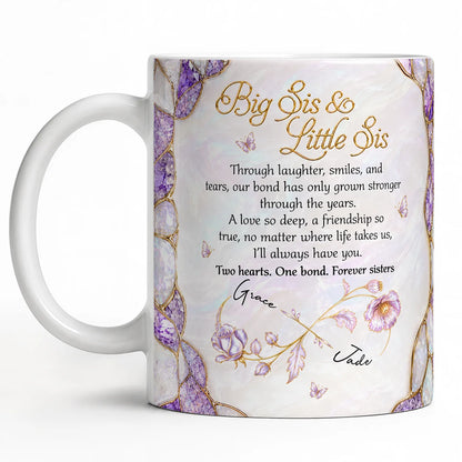 Personalized Big Sis & Little Sis Ceramic Mug – Purple Amethyst Butterfly Bluebell Through Laughter Smiles Two Hearts One Bond Custom Names Gift For Sister
