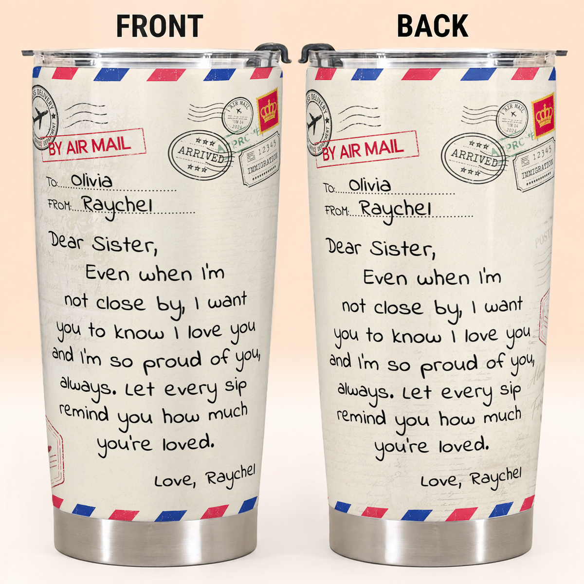 Personalized To My Sister  20oz Premium Stainless Steel Tumbler – Air Mail Letter Custom Names Gift For Sister