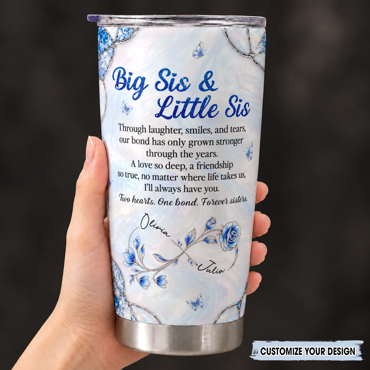 Personalized Big Sis & Little Sis 20oz Tumbler – Blue Sapphire Jewel Butterfly Through Laughter Smiles Two Hearts One Bond Custom Names Gift For Sister