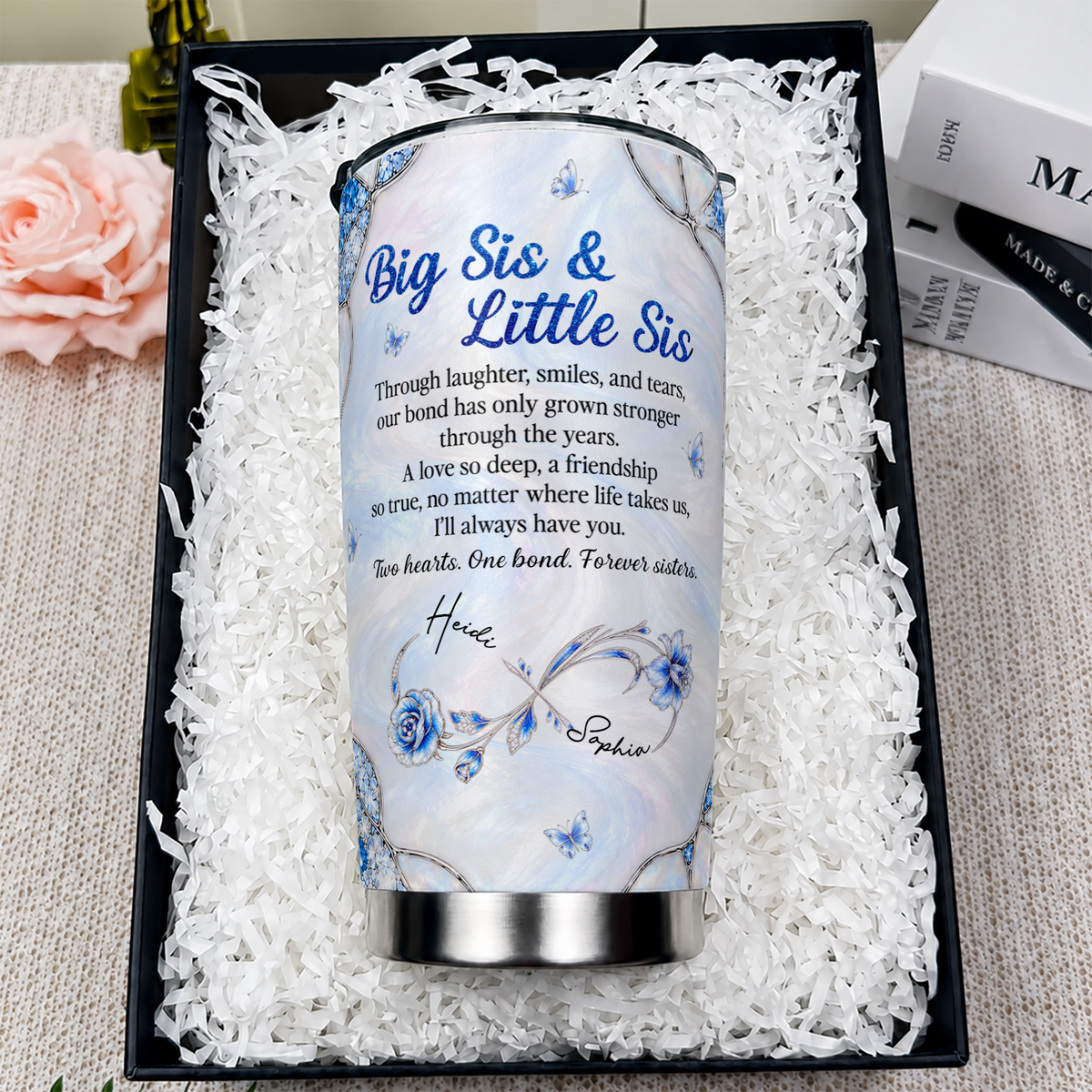 Personalized Big Sis & Little Sis 20oz Tumbler – Blue Sapphire Jewel Butterfly Through Laughter Smiles Two Hearts One Bond Custom Names Gift For Sister
