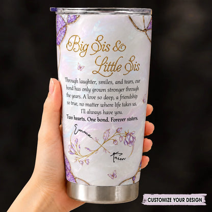 Personalized Big Sis & Little Sis 20oz Tumbler – Purple Amethyst Butterfly Bluebell Through Laughter Smiles Two Hearts One Bond Custom Names Gift For Sister