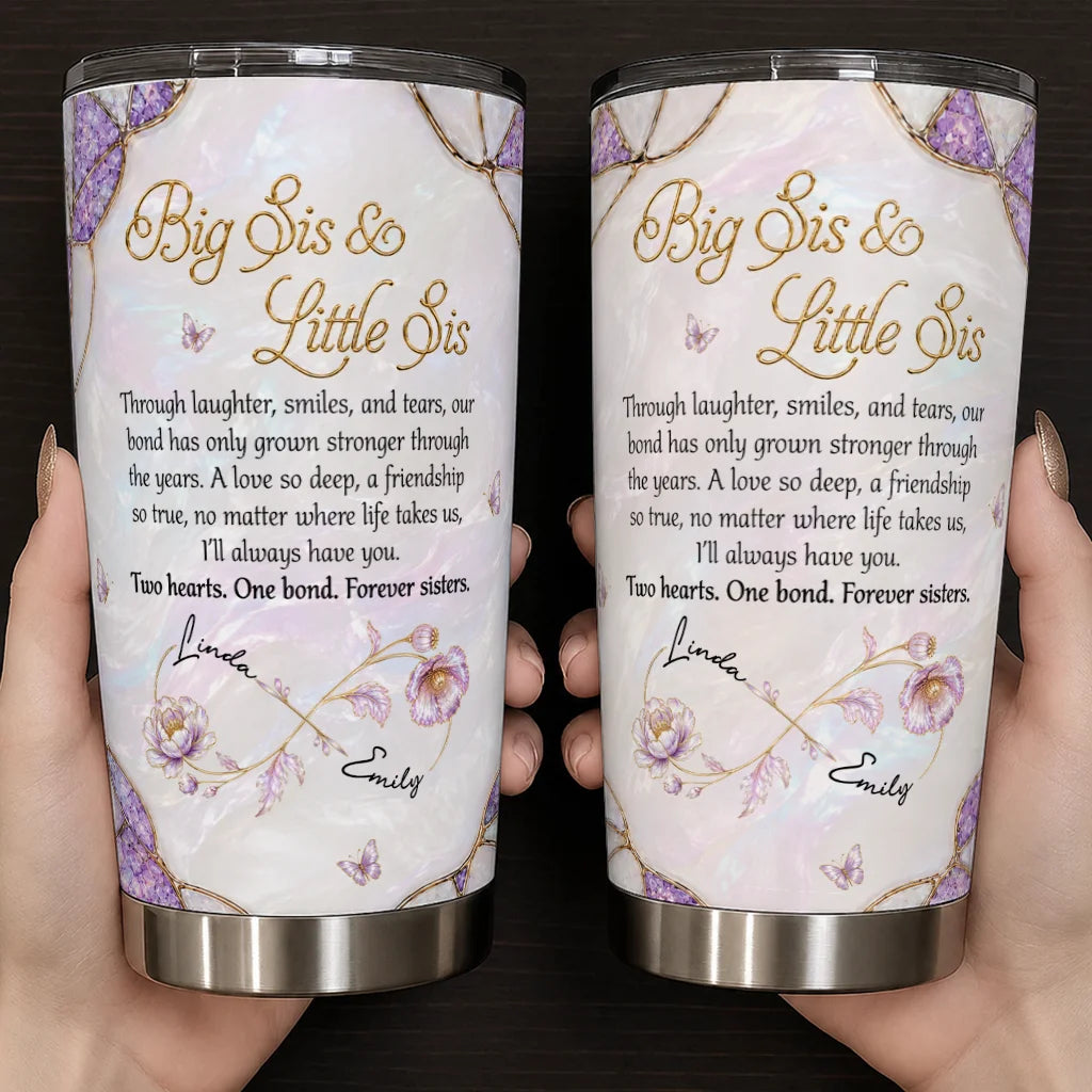 Personalized Big Sis & Little Sis 20oz Tumbler – Purple Amethyst Butterfly Bluebell Through Laughter Smiles Two Hearts One Bond Custom Names Gift For Sister