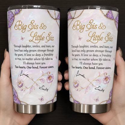 Personalized Big Sis & Little Sis 20oz Tumbler – Purple Amethyst Butterfly Bluebell Through Laughter Smiles Two Hearts One Bond Custom Names Gift For Sister