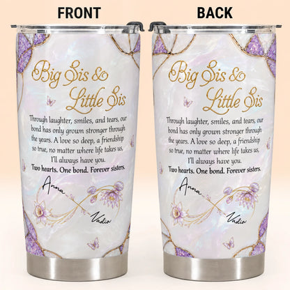 Personalized Big Sis & Little Sis 20oz Tumbler – Purple Amethyst Butterfly Bluebell Through Laughter Smiles Two Hearts One Bond Custom Names Gift For Sister