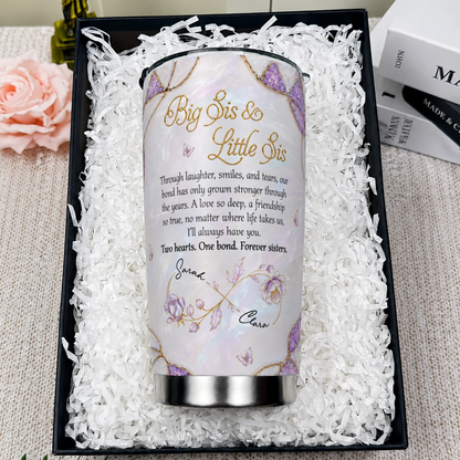 Personalized Big Sis & Little Sis 20oz Tumbler – Purple Amethyst Butterfly Bluebell Through Laughter Smiles Two Hearts One Bond Custom Names Gift For Sister
