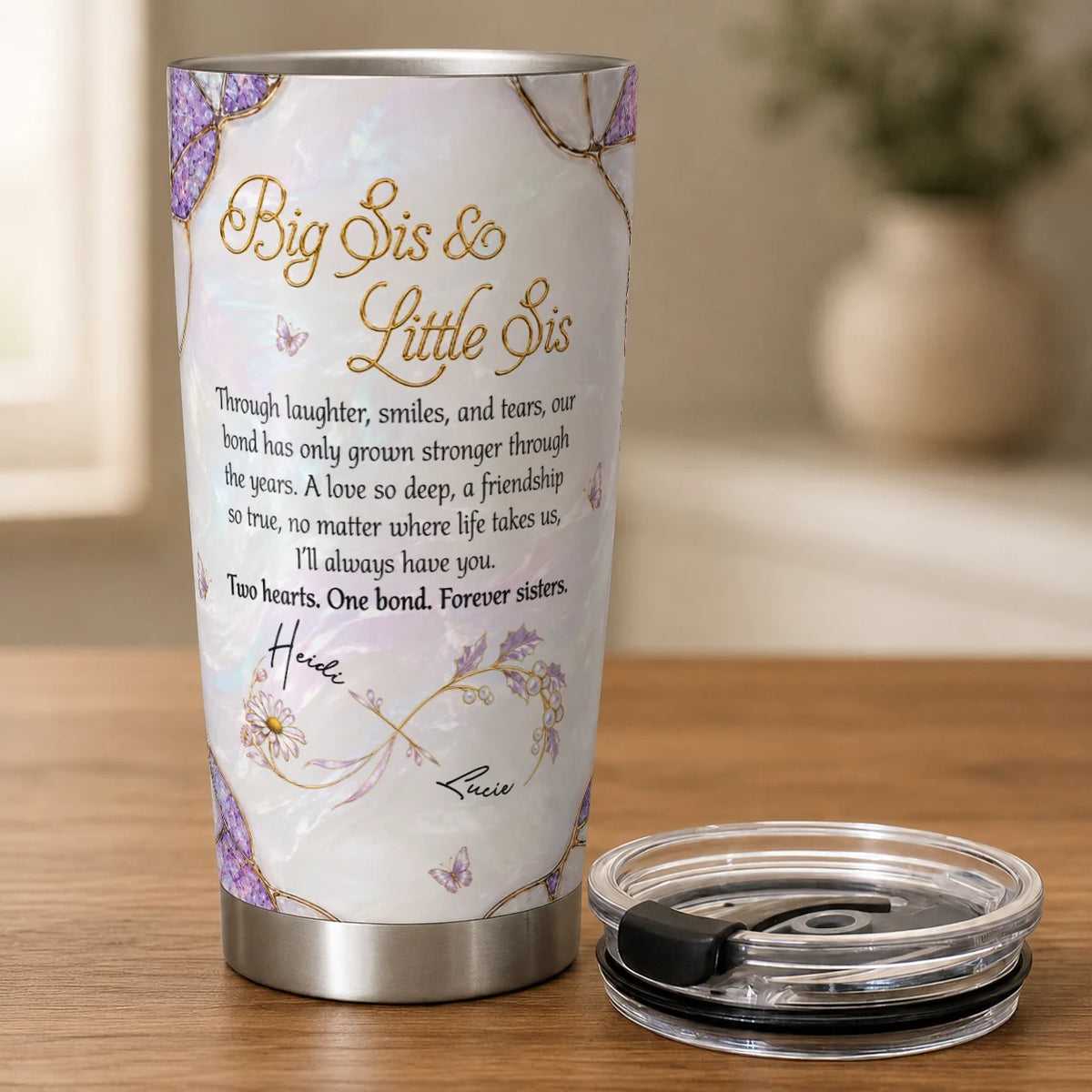 Personalized Big Sis & Little Sis 20oz Tumbler – Purple Amethyst Butterfly Bluebell Through Laughter Smiles Two Hearts One Bond Custom Names Gift For Sister